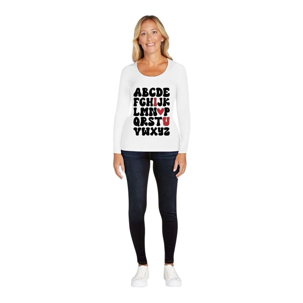 Valentines Day Holiday I Heart U ABC Love Heart Long Sleeve Shirt White NWT